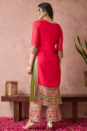 Pink faux georgette fabric zari embroidery straight suit with dupatta