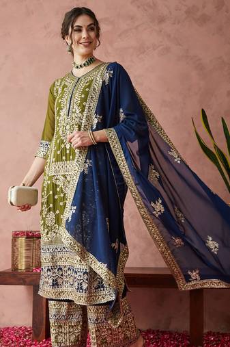 women's faux georgette fabric zari embroidery straight suit with dupatta