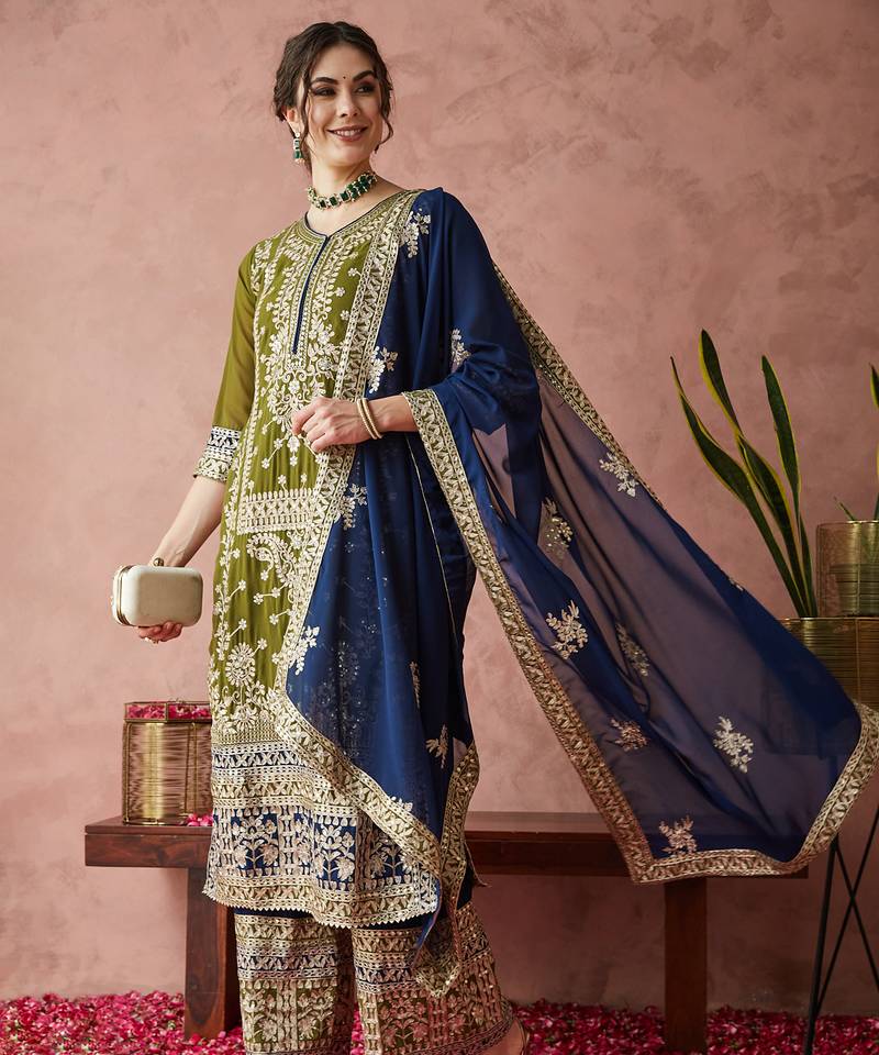 women's faux georgette fabric zari embroidery straight suit with dupatta