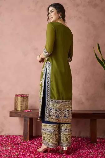 women's faux georgette fabric zari embroidery straight suit with dupatta
