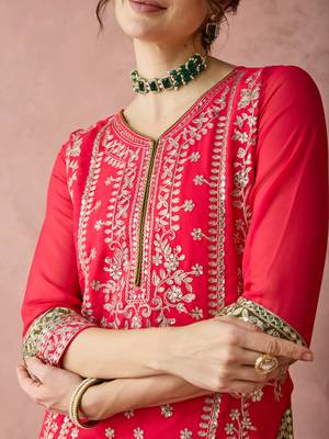 Pink faux georgette fabric zari embroidery straight suit with dupatta 4