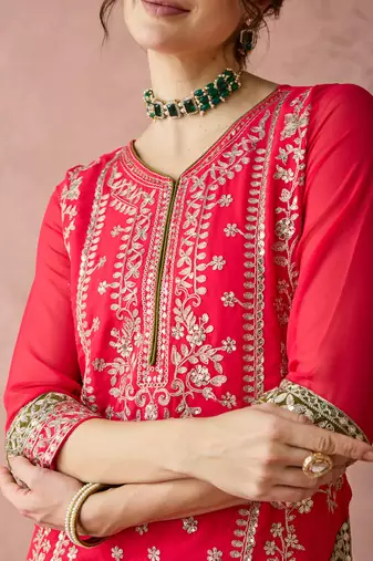 Pink faux georgette fabric zari embroidery straight suit with dupatta