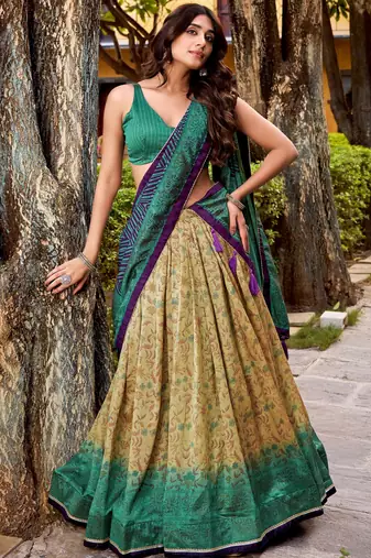 green digital printed silk lehenga set choli with dupatta