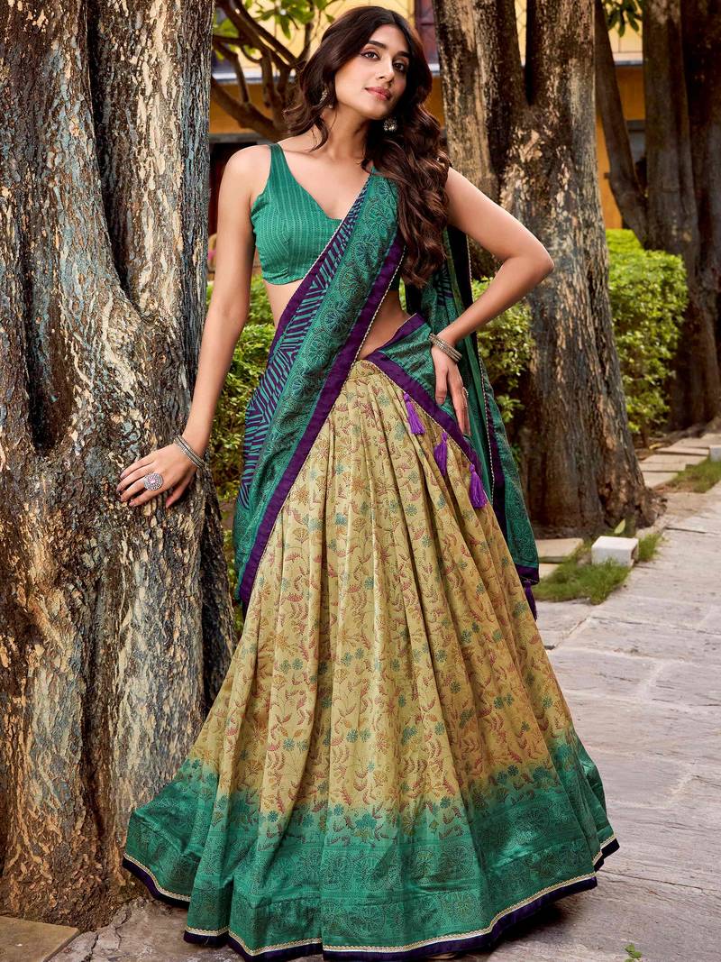 green digital printed silk lehenga set choli with dupatta
