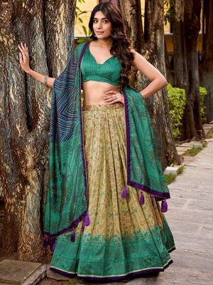 green digital printed silk lehenga set choli with dupatta 2