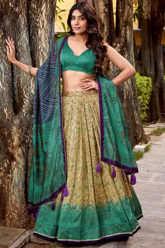 green digital printed silk lehenga set choli with dupatta