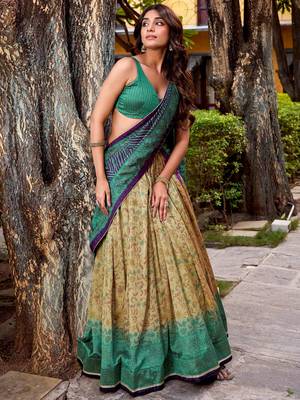 green digital printed silk lehenga set choli with dupatta 3