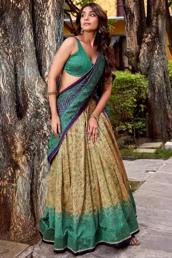 green digital printed silk lehenga set choli with dupatta