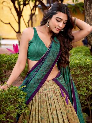 green digital printed silk lehenga set choli with dupatta 4