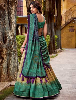 green digital printed silk lehenga set choli with dupatta 5
