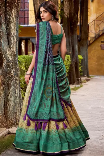 green digital printed silk lehenga set choli with dupatta