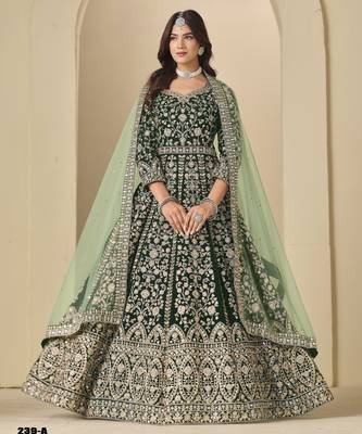 Green velvet anarkali suit with net dupatta 1