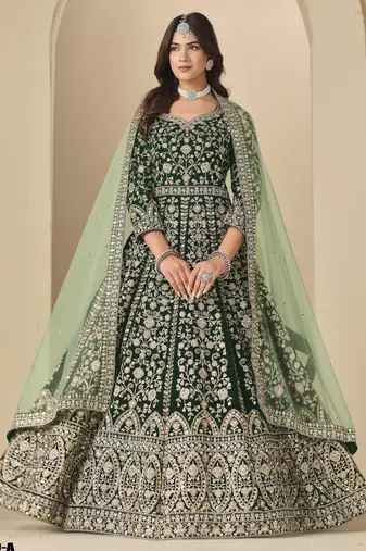 Green velvet anarkali suit with net dupatta