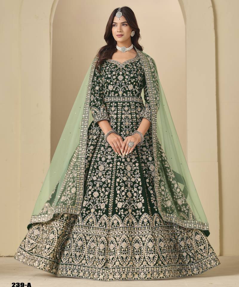 Green velvet anarkali suit with net dupatta