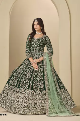 Green velvet anarkali suit with net dupatta