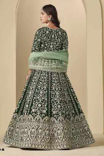 Green velvet anarkali suit with net dupatta