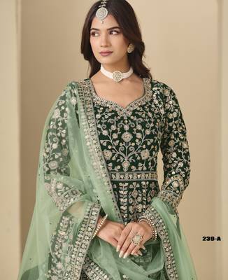 Green velvet anarkali suit with net dupatta 4