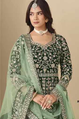 Green velvet anarkali suit with net dupatta