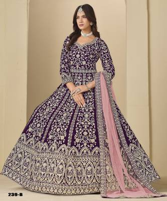 Purple velvet anarkali suit with net dupatta 2