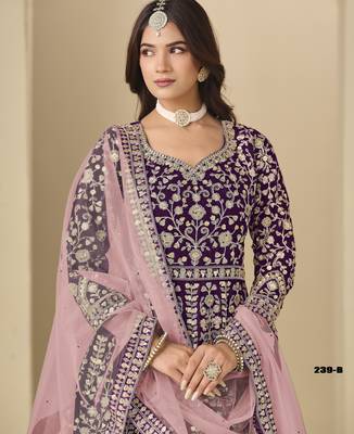 Purple velvet anarkali suit with net dupatta 4