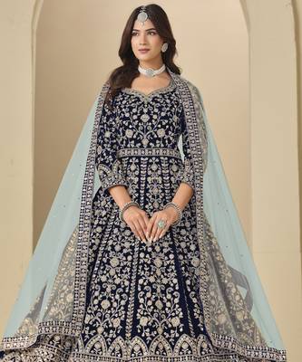 Blue velvet anarkali suit with dupatta 1