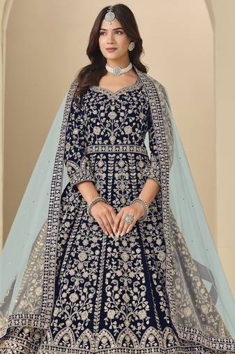 Blue velvet anarkali suit with dupatta