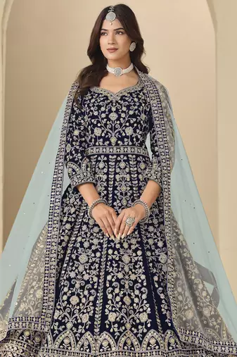 Blue velvet anarkali suit with dupatta