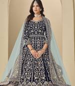 Blue velvet anarkali suit with dupatta