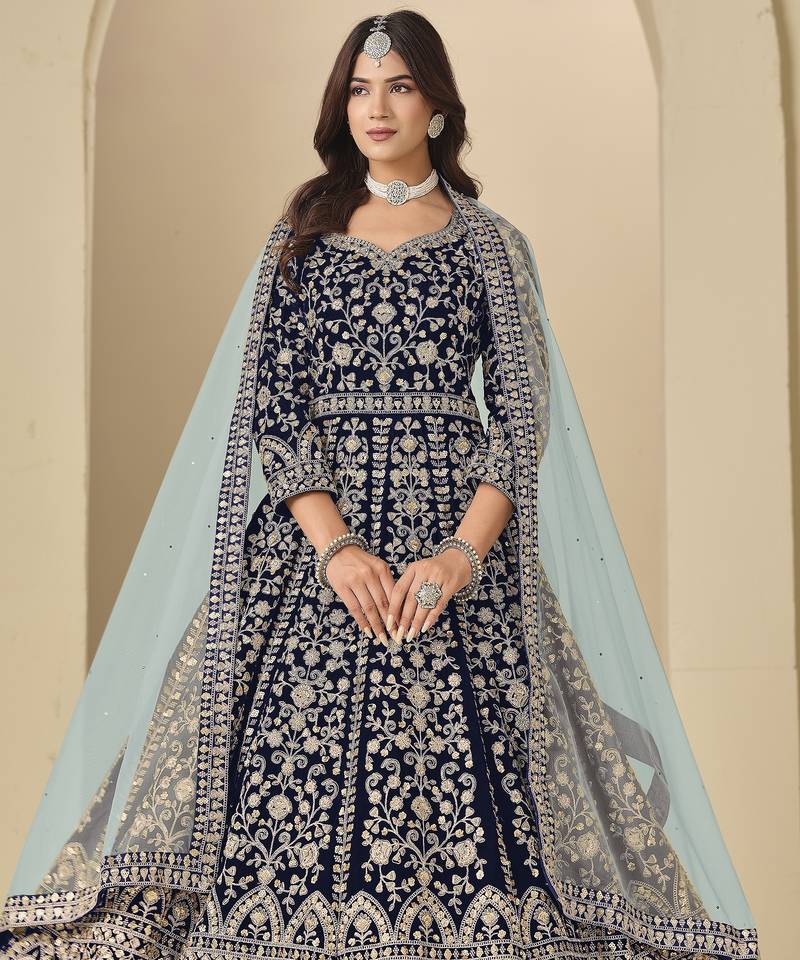 Blue velvet anarkali suit with dupatta
