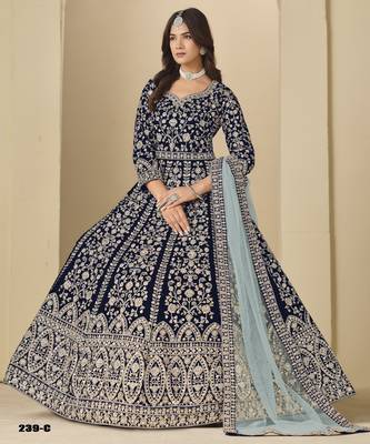 Blue velvet anarkali suit with dupatta 2