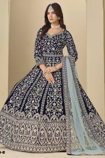 Blue velvet anarkali suit with dupatta