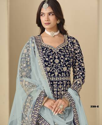 Blue velvet anarkali suit with dupatta 5