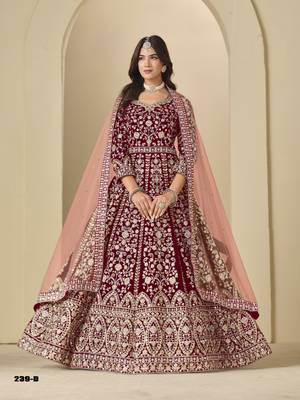 Red velvet anarkali suit with dupatta 1