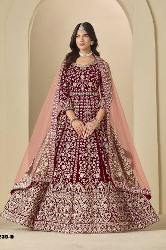 Red velvet anarkali suit with dupatta