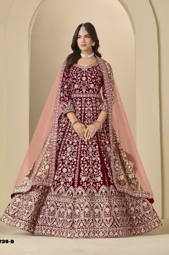 Red velvet anarkali suit with dupatta