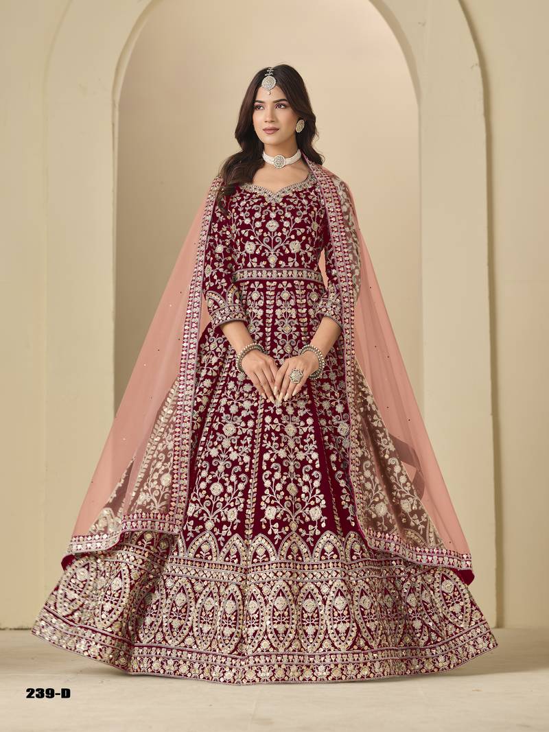 Red velvet anarkali suit with dupatta
