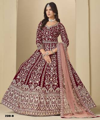 Red velvet anarkali suit with dupatta 2