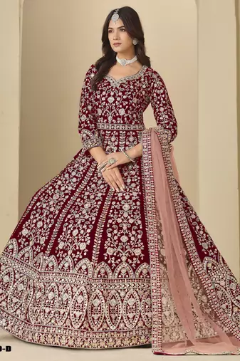 Red velvet anarkali suit with dupatta