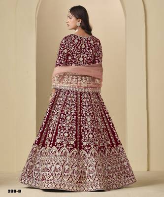 Red velvet anarkali suit with dupatta 3