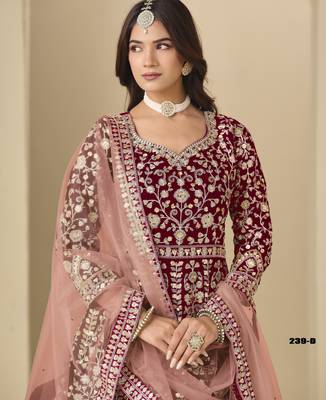 Red velvet anarkali suit with dupatta 4