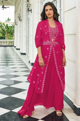 Magenta georgette free size stitched lehenga choli with sequence & thread work