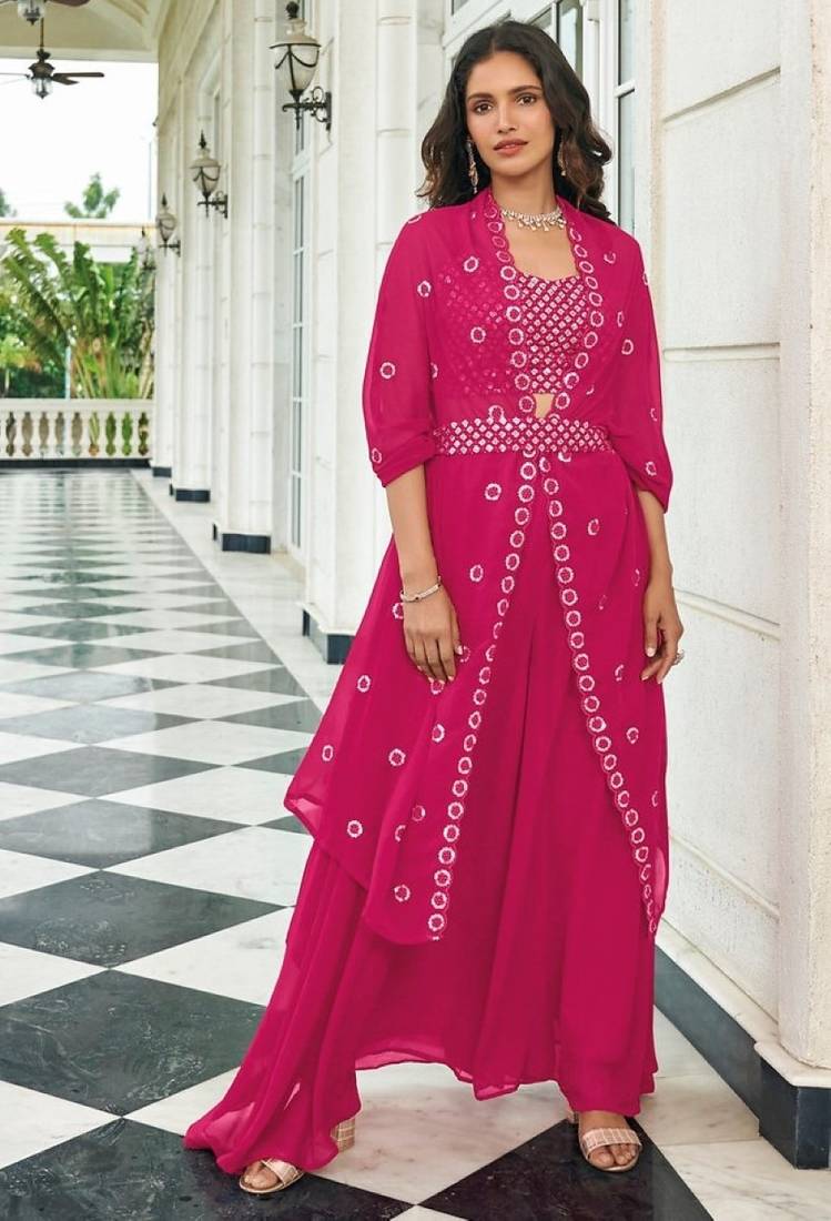 Magenta georgette free size stitched lehenga choli with sequence & thread work