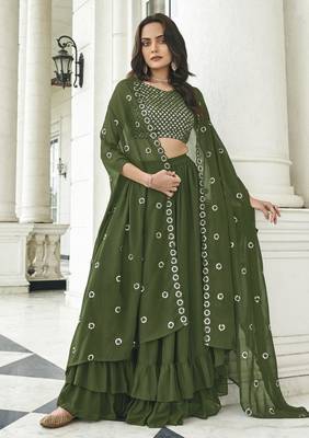 Mehendi georgette free size stitched lehenga choli with sequin & thread  1