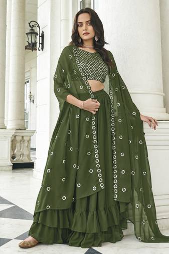Mehendi georgette free size stitched lehenga choli with sequence & thread work