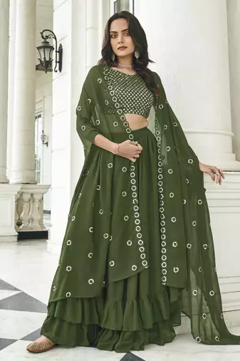 Mehendi georgette free size stitched lehenga choli with sequence & thread work