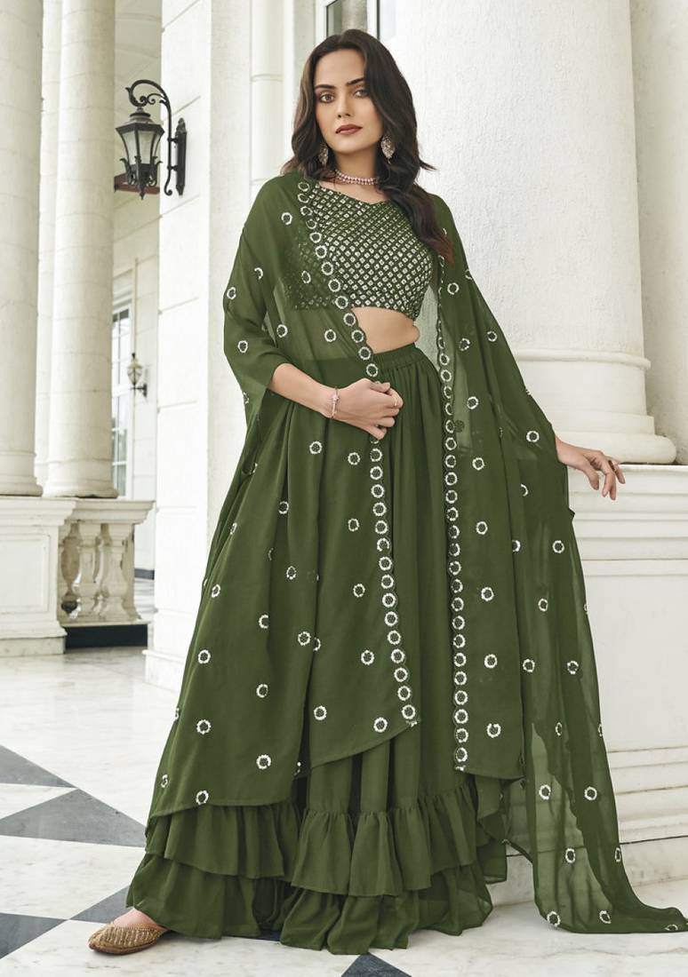 Mehendi georgette free size stitched lehenga choli with sequence & thread work