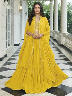 Yellow georgette free size stitched lehenga choli with sequin & thread  1
