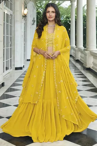 Yellow georgette free size stitched lehenga choli with sequence & thread work