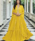 Yellow georgette free size stitched lehenga choli with sequence & thread work