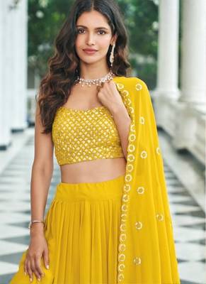 Yellow georgette free size stitched lehenga choli with sequin & thread  2